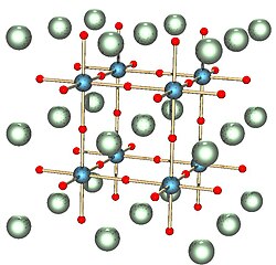 The perovskite crystal structure. The most abundant mineral in the Earth, bridgmanite, has this structure.[8] Its chemical formula is (Mg,Fe)SiO3; the red spheres are oxygen, the blue spheres silicon and the green spheres magnesium or iron.