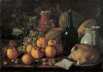 Luis Meléndez (1716–1780), Still Life with Apples, Grapes, Melons, Bread, Jug and Bottle