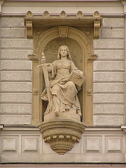 Lady Justice—the allegory of justice—statue at court building in Olomouc, Czech Republic