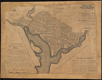 Thackara & Vallance's 1792 print of Ellicott's "Plan of the City of Washington in the Territory of Columbia", showing street names, lot numbers, depths of the Potoma River and legends