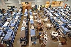 The crowded living quarters of San Quentin State Prison in California, in January 2006. As a result of overcrowding in the California state prison system, the United States Supreme Court ordered California to reduce its prison population (the second largest in the nation, after Texas).