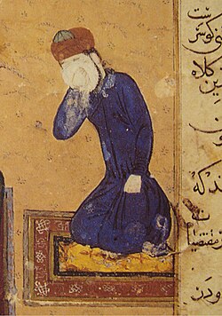 Timur at the funerals of his grandson Muhammad Sultan Mirza ibn Jahangir in 1403. Zafarnama (1436)