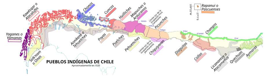Distribution of the pre-Hispanic people of Chile, north is to the right