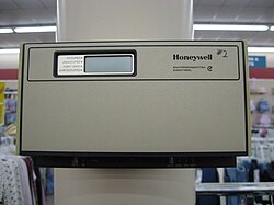 An electronic thermostat in a retail store