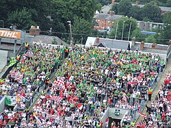 Meath supporters (in the green and yellow) attend an All-Ireland SFC qualifier game against Tyrone.