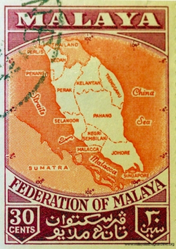 Federation of Malaya's commemorative stamp issued in 1957. The semi-independent federation was formed in 1948 from nine Malay states and two British Straits Settlements. It achieved independence in 1957.