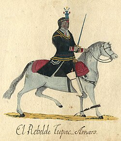 Painting of Túpac Amaru II by an anonymous artist c. 1784–1806. Unveiled in 2015, it is the oldest image known to date of the indigenous rebel.[25][26]