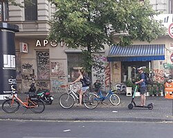 Personal and shared bicycles and Tier Mobility e-scooter-sharing system in Berlin, Germany, 2019.