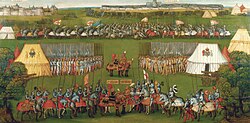 Flemish painting showing the encounter between Henry VIII and Emperor Maximilian I in 1513. In the background is depicted the Battle of the Spurs against Louis XII of France.