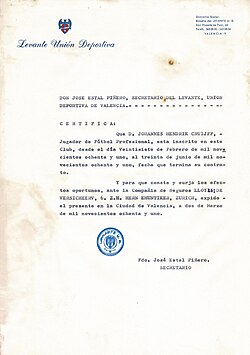 Document issued by Levante UD to confirm the incorporation of Cruyff to their team