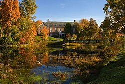 Ford Hall and Birch Dining Commons, viewed from the Williston pond.