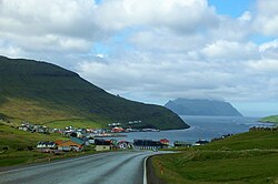 Sørvágur and the island of Mykines in the background.