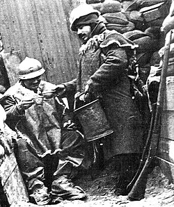 Distribution of pinard (ration wine) in a French trench in winter, considered important for morale