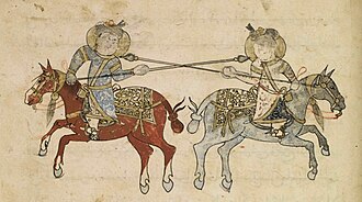 Horsemen with lances. Nihāyat al-su’l (horsemanship manual) by Aḥmad al-Miṣrī ("the Egyptian"), dated 1371, Mamluk Egypt or Syria.