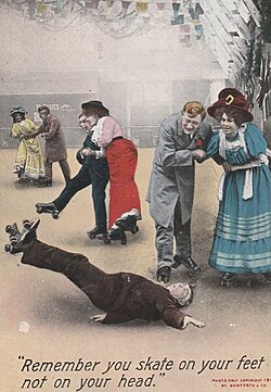 A humorous English postcard depicting indoor roller skating, 1908