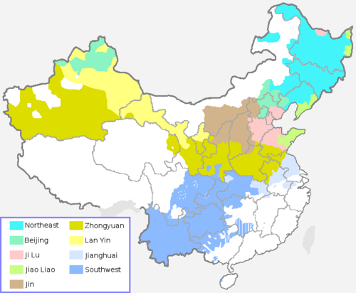 Distribution of the eight subgroups of Mandarin plus Jin Chinese, which many linguists include as part of Mandarin, according to the Language Atlas of China (1987)[77]