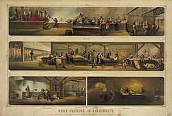 Pork packing in Cincinnati. Print from 1873 showing four scenes in a packing house: "Killing, Cutting, Rendering, [and] Salting."