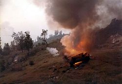 A Syrian tank burning on the road outside Jezzine