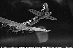 Boeing B-17F-115-BO Flying Fortress Serial 42-30647 of the US Army Air Forces 366th Bombardment Squadron on a mission to Stuttgart, Germany, on 6 September 1943. On 23 September 1943, this aircraft crashed at Chevelston returning from a mission, killing all on board