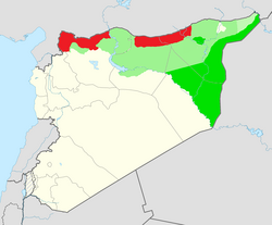 Before the end of 2024, territory under YPG-led SDF-controlled (green), and Turkish occupation of northern Syria (red)