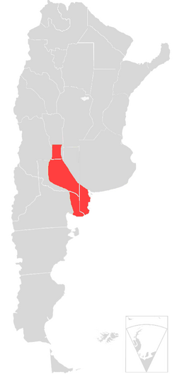 Map of the Arid Pampas in red, Argentina in gray
