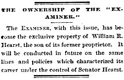 Announcement of William Randolph Hearst's acquisition of the newspaper, March 4, 1887