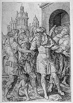 Lot prevents sodomites from raping the angels, Heinrich Aldegrever, 1555