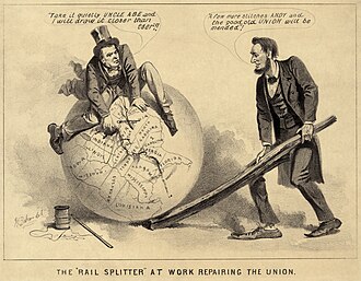 A political cartoon of Andrew Johnson and Abraham Lincoln, 1865, entitled "The Rail Splitter At Work Repairing the Union". The caption reads (Johnson): "Take it quietly Uncle Abe and I will draw it closer than ever." (Lincoln): "A few more stitches Andy and the good old Union will be mended."