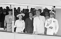 Franklin and Eleanor Roosevelt with King George VI and Queen Elizabeth, on the USS Potomac, 9 June 1939