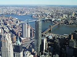 The Brooklyn Bridge (on right) and Manhattan Bridge (on left), two of three bridges that connect Lower Manhattan with Brooklyn over the East River.
