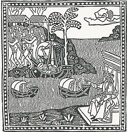 Woodcut depicting Vespucci's first voyage to the New World, from the first known published edition of his 1504 letter to Piero Soderini
