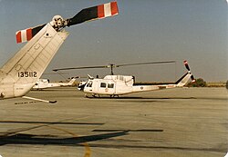 Canadian CH135 Twin Hueys assigned to the Multinational Force and Observers non-UN peacekeeping force, at El Gorah, Sinai, Egypt, 1989