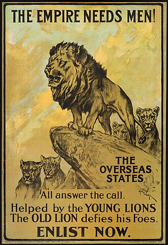 The Parliamentary Recruiting Committee produced this First World War poster. Designed by Arthur Wardle, the poster urges men from the Dominions of the British Empire to enlist in the war effort.