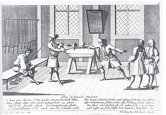 Fencing lesson at the university fencing school in Altdorf, 1725