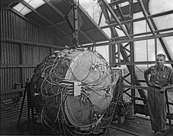 The final iteration of the Gadget nuclear device prior to its successful test on July 16, 1945, the culmination of the United States' three-year Manhattan Project's research and development of nuclear weapons