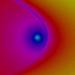 Scalar potential of a point charge shortly after exiting a dipole magnet, moving left to right.