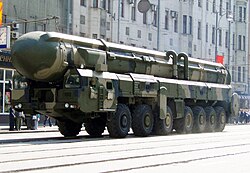 An RT-2PM Topol on a mobile launcher at a Victory Day parade rehearsal in Moscow, 2008