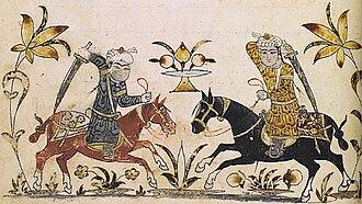 Horsemen wheeling around, with a sword in each one's hand. Nihāyat al-su’l (horsemanship manual) by Aḥmad al-Miṣrī ("the Egyptian"), dated 1371, Mamluk Egypt or Syria.