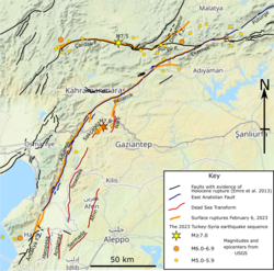 Map showing faults active during the Holocene, the extent of observed or inferred surface rupture and the location of epicenters for all earthquakes in the sequence of magnitude M≥5.0 in the first 21 days