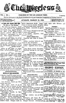 Front page of the March 25, 1903, debut issue of the short-lived The Wireless, published in Avalon[128]