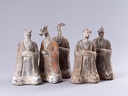 Tang dynasty era ceramic figurines of calendar animals, from left to right: Tiger-headed, Dragon-headed, Snake-headed, Monkey-headed and Rooster-headed. Musée Cernuschi