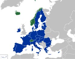 Members of the European Free Trade Association (green) participate in the European single market and are part of the Schengen Area.