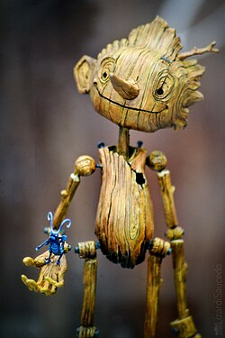 Resin sculpture of Pinocchio and Sebastian used in the film, exhibited at the Cineteca Nacional de México