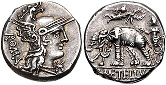 Denarius of Gaius Caecilius Metellus Caprarius, 125 BC. The reverse depicts the triumph of his great-grandfather Lucius, with the elephants he had captured at Panormos. The elephant had thence become the emblem of the powerful Caecilii Metelli.[59]