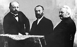 The Hungarian ZBD Team (Károly Zipernowsky, Ottó Bláthy, Miksa Déri), inventors of the first high efficiency, closed-core shunt connection transformer
