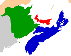 The Maritimes: New Brunswick (green), Nova Scotia (blue) and Prince Edward Island (red)