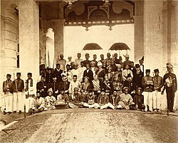 The Malay Rulers and nobilities of Negeri Sembilan, Pahang, Perak and Selangor with British colonial officers during the first Durbar in Istana Negara, Kuala Kangsar, Perak, Federated Malay States, 1897