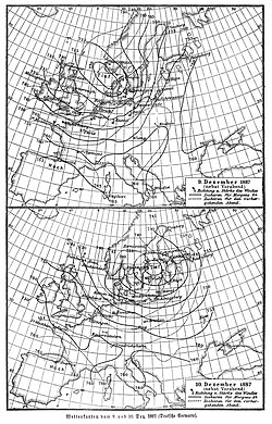 Weather map of Europe, 9 (top) and 10 (bottom) December 1887