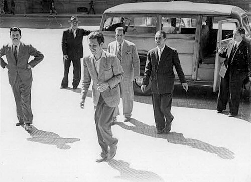 Nazi supporters, evidently including Juan Perón (center), and potential undercover counterespionage agents (from Chile's international anti-Nazi probe)[63]