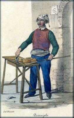 An illustration from 1830 of a pizzaiolo in Naples